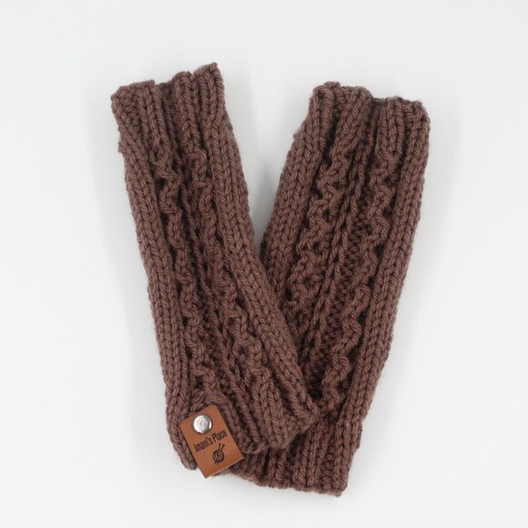 Handmade Hand Knit Cables and Lace Brown Taupe Acrylic Wrist Warmers - Picture 3 of 4